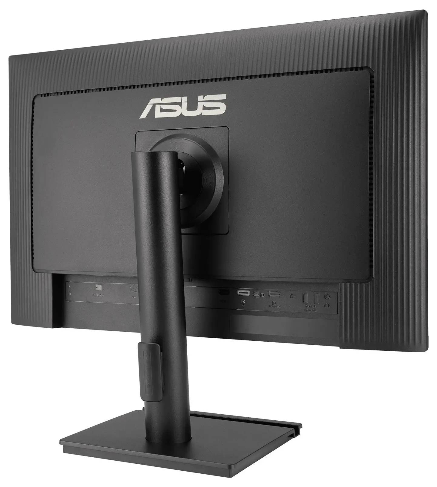 Monitor 'ASUS' pohledem zezadu, s pevným černým stojanem a nastavitelným kloubem, s konektivními porty umístěnými podél spodní hrany.