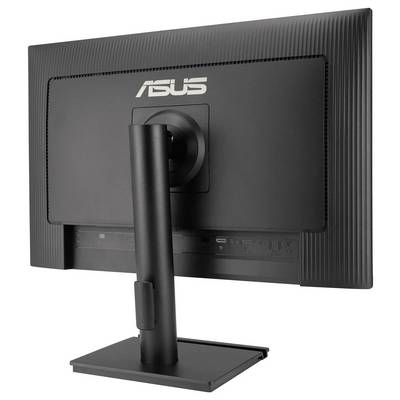 Monitor 'ASUS' pohledem zezadu, s pevným černým stojanem a nastavitelným kloubem, s konektivními porty umístěnými podél spodní hrany.