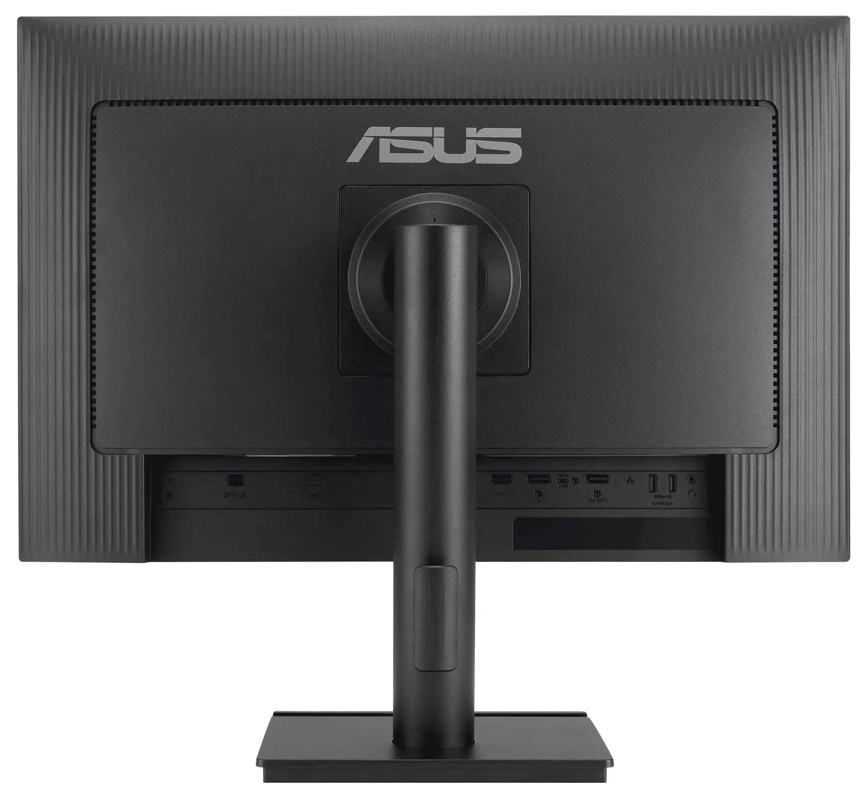 Obrázek ukazuje pohled zezadu na počítačový monitor značky Asus, který je vybaven vertikálním stojanem a viditelnými porty na spodním panelu.