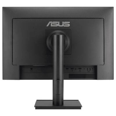 Obrázek ukazuje pohled zezadu na počítačový monitor značky Asus, který je vybaven vertikálním stojanem a viditelnými porty na spodním panelu.