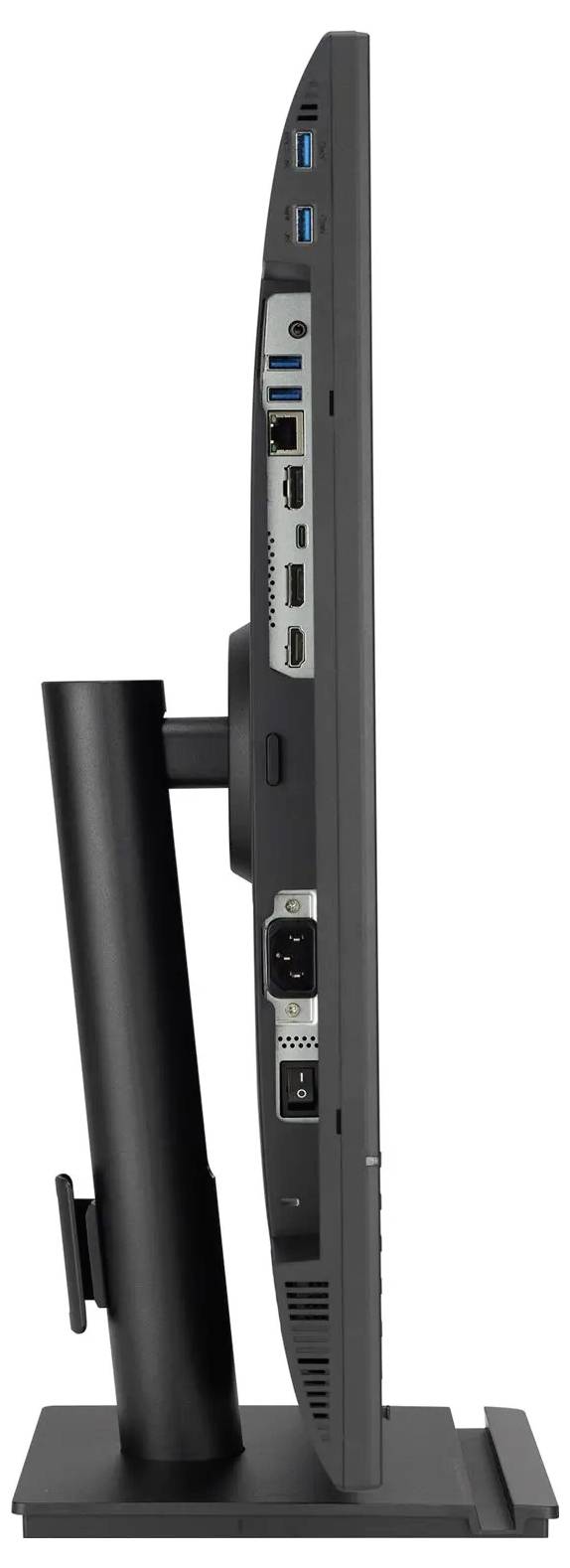 Boční pohled na černý počítačový monitor zobrazující různé porty včetně USB, HDMI a displejových portů, umístěný na nastavitelném stojanu.