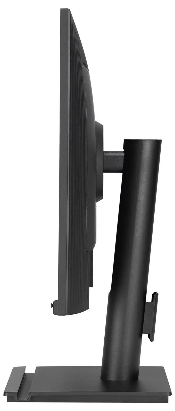 Boční pohled na černý počítačový monitor na stojanu, který ukazuje jeho štíhlý design a nastavitelnou výškovou funkci.