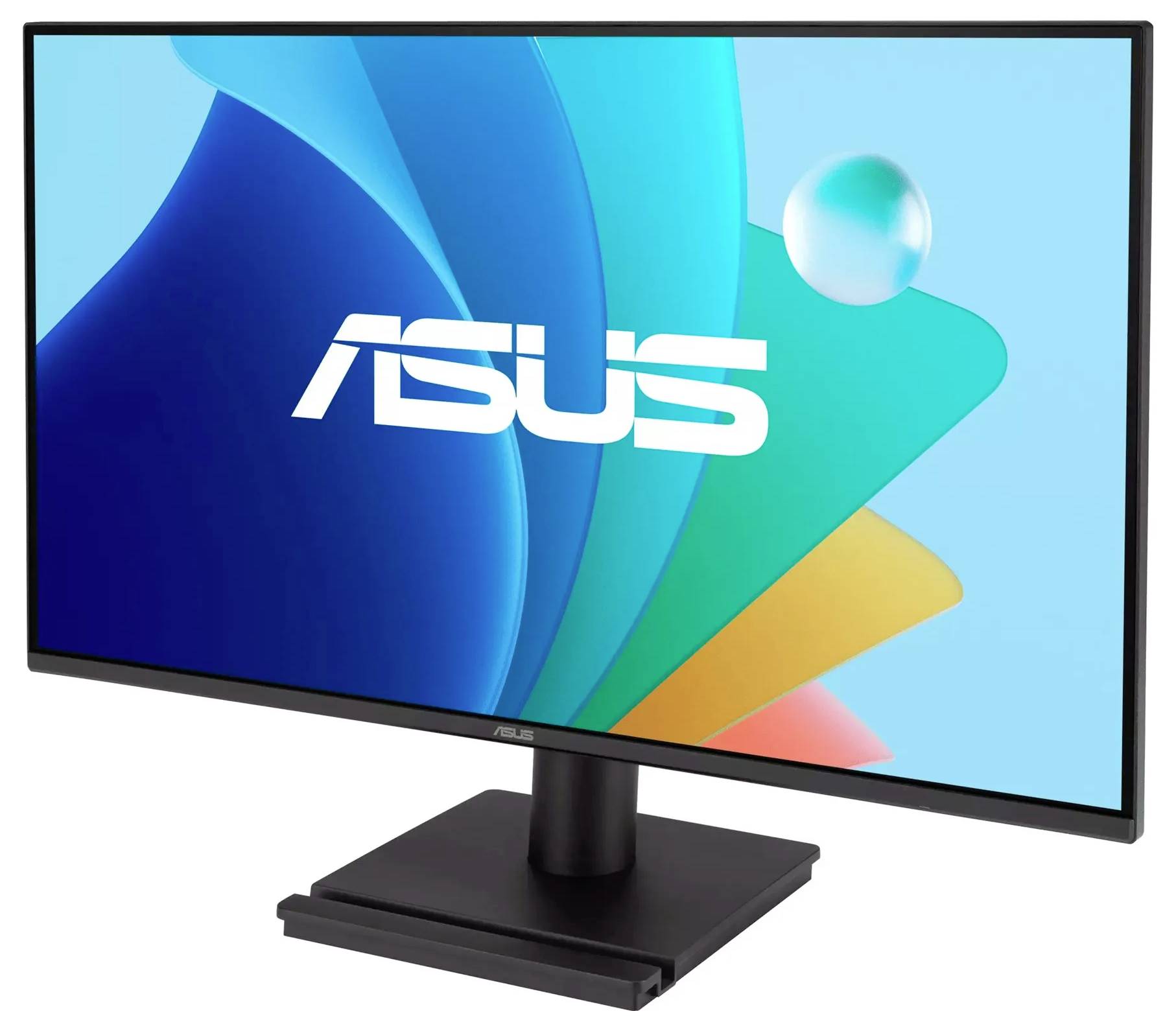 Počítačový monitor zobrazující živé abstraktní pozadí se slovem 'ASUS' výrazně umístěným ve středu.