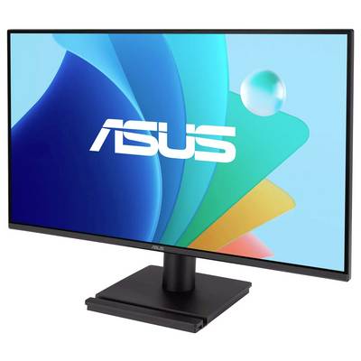 Počítačový monitor zobrazující živé abstraktní pozadí se slovem 'ASUS' výrazně umístěným ve středu.