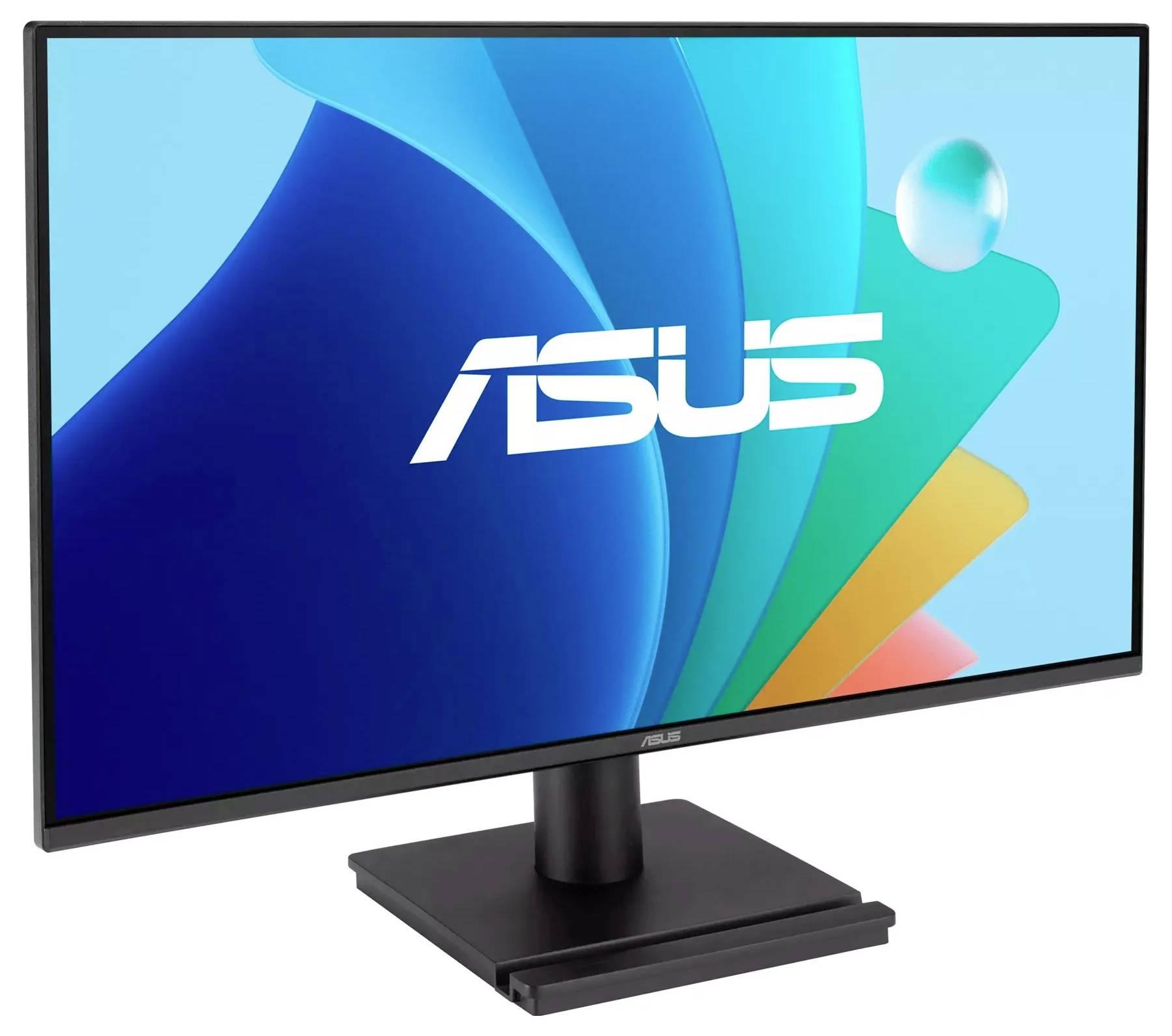 Černý počítačový monitor ASUS zobrazující barevný abstraktní design na obrazovce s bílým logem ASUS uprostřed.