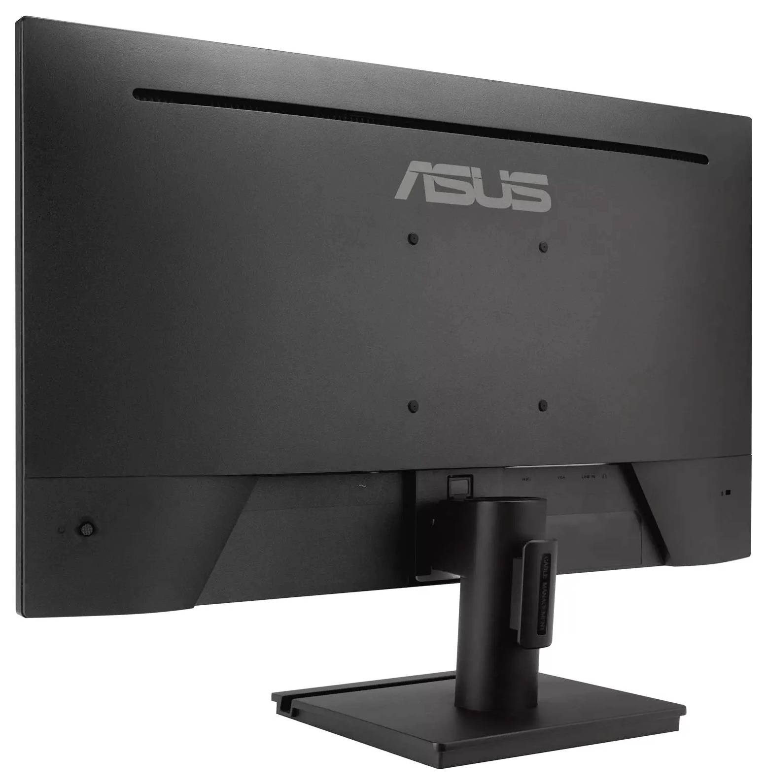 Černý počítačový monitor ASUS pohledem zezadu, zobrazující stojan a logo uprostřed horní části.