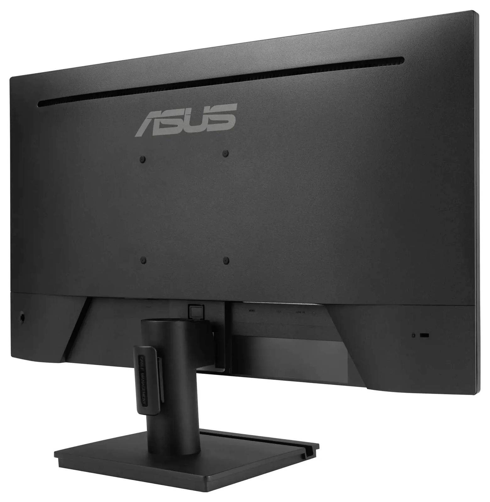 Černý počítačový monitor ASUS pohledem zezadu, zobrazující stojan a zadní panel s logem společnosti ASUS.
