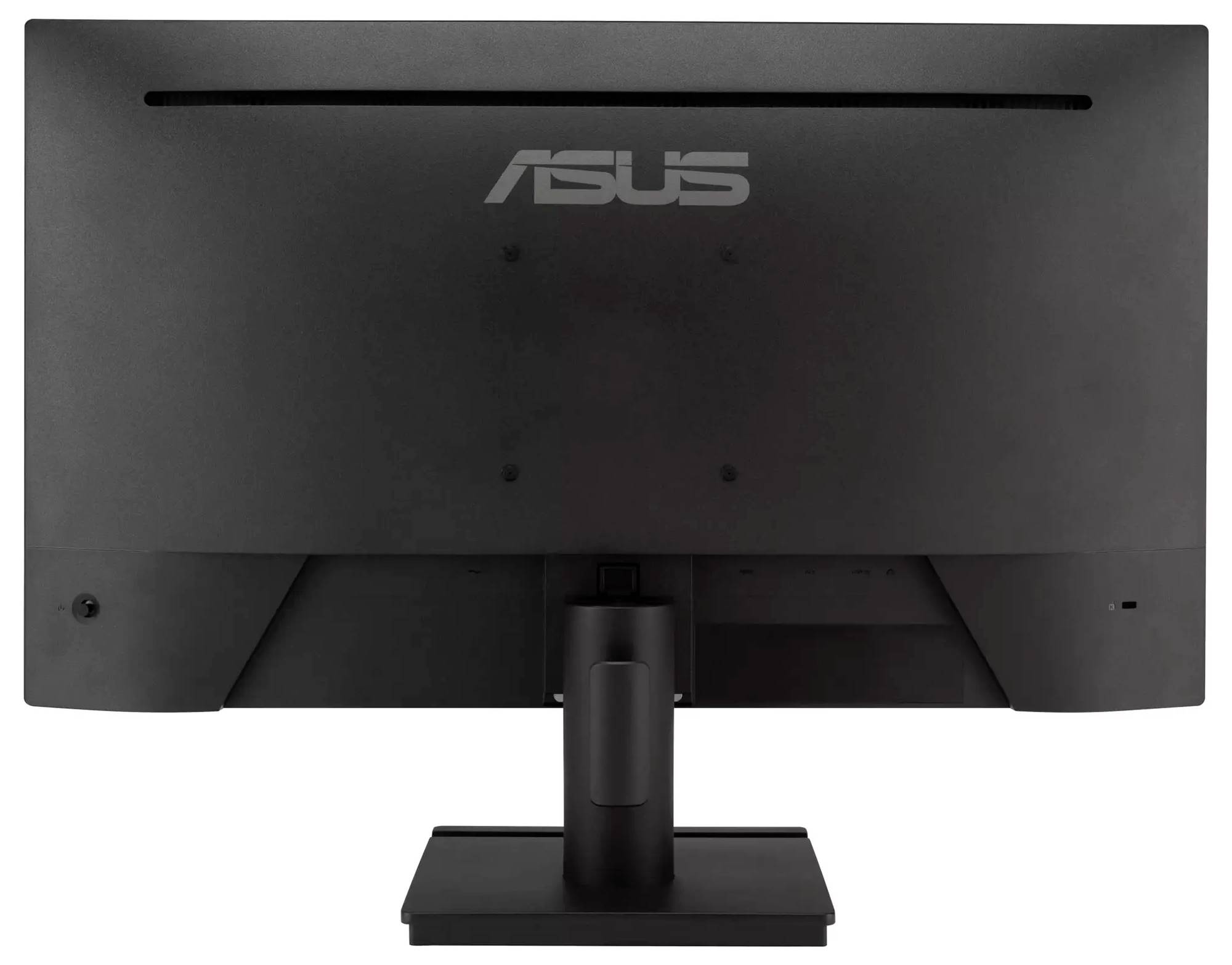 Pohled zezadu na černý počítačový monitor značky Asus s obdélníkovým podstavcem, na kterém je v horní centrální části monitoru zobrazeno logo Asus.