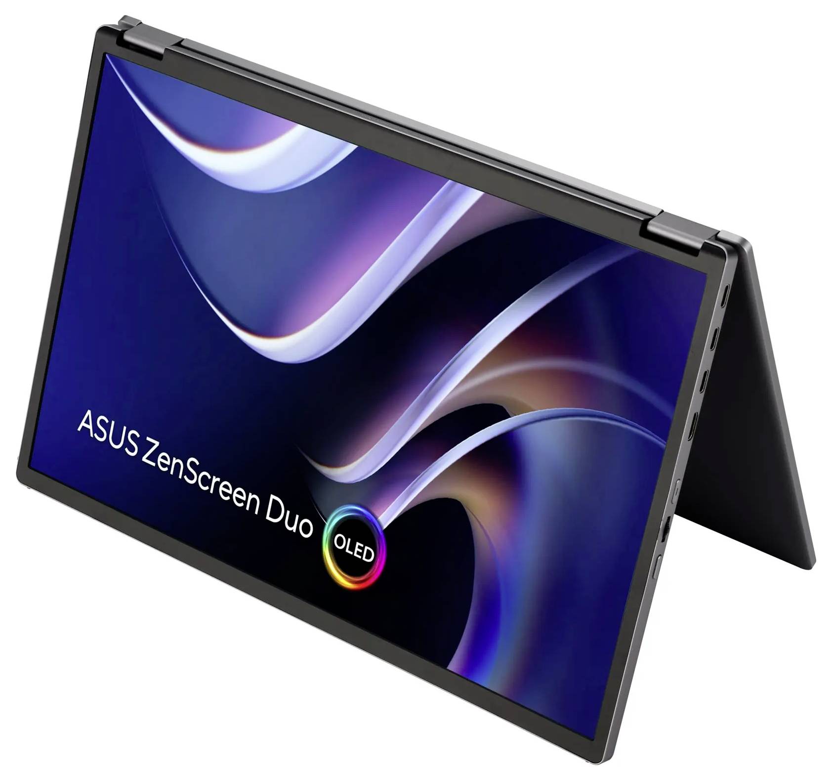 Laptop v režimu stanu zobrazující logo 'ASUS ZenScreen Duo OLED' na obrazovce, který předvádí svou flexibilní a duální displej funkci.