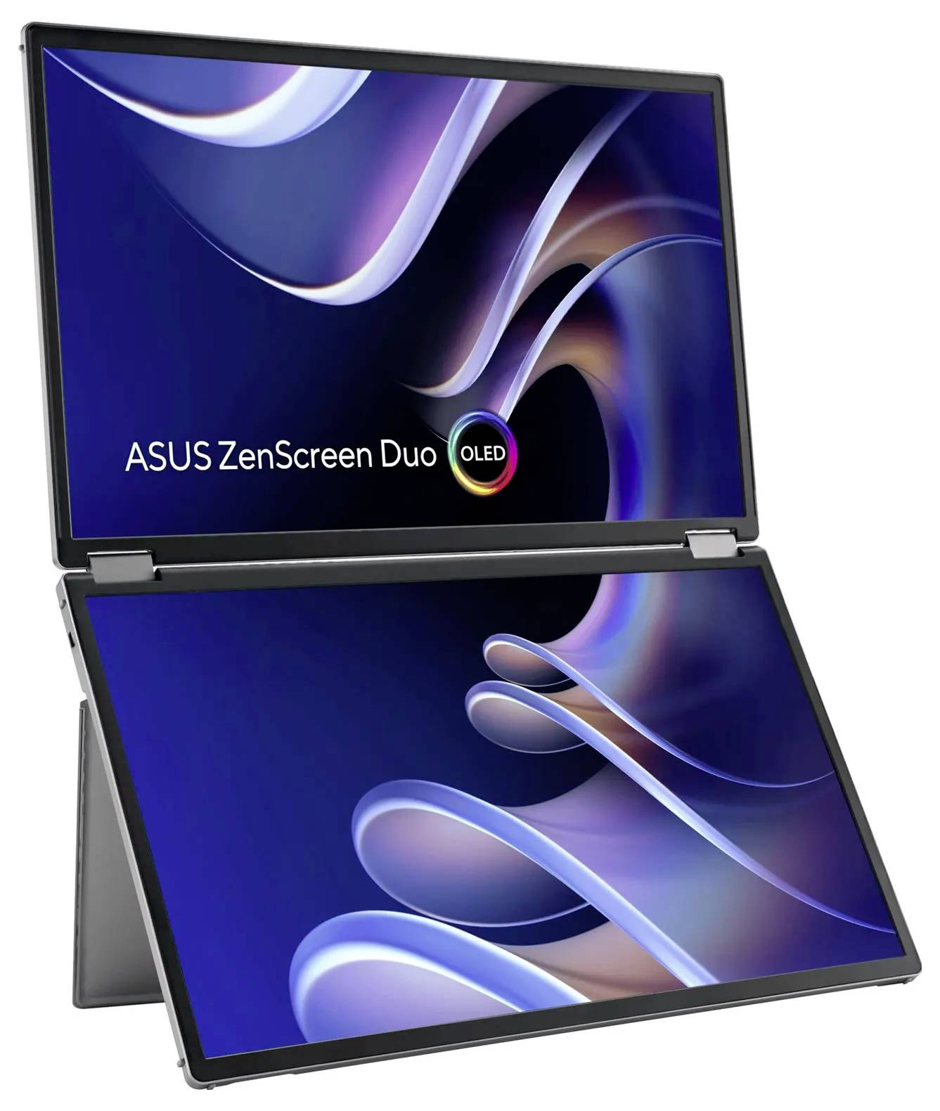 Přenosný notebook ASUS ZenScreen Duo OLED s duálními displeji zobrazující abstraktní vlnité vzory, umístěný na stojanu.