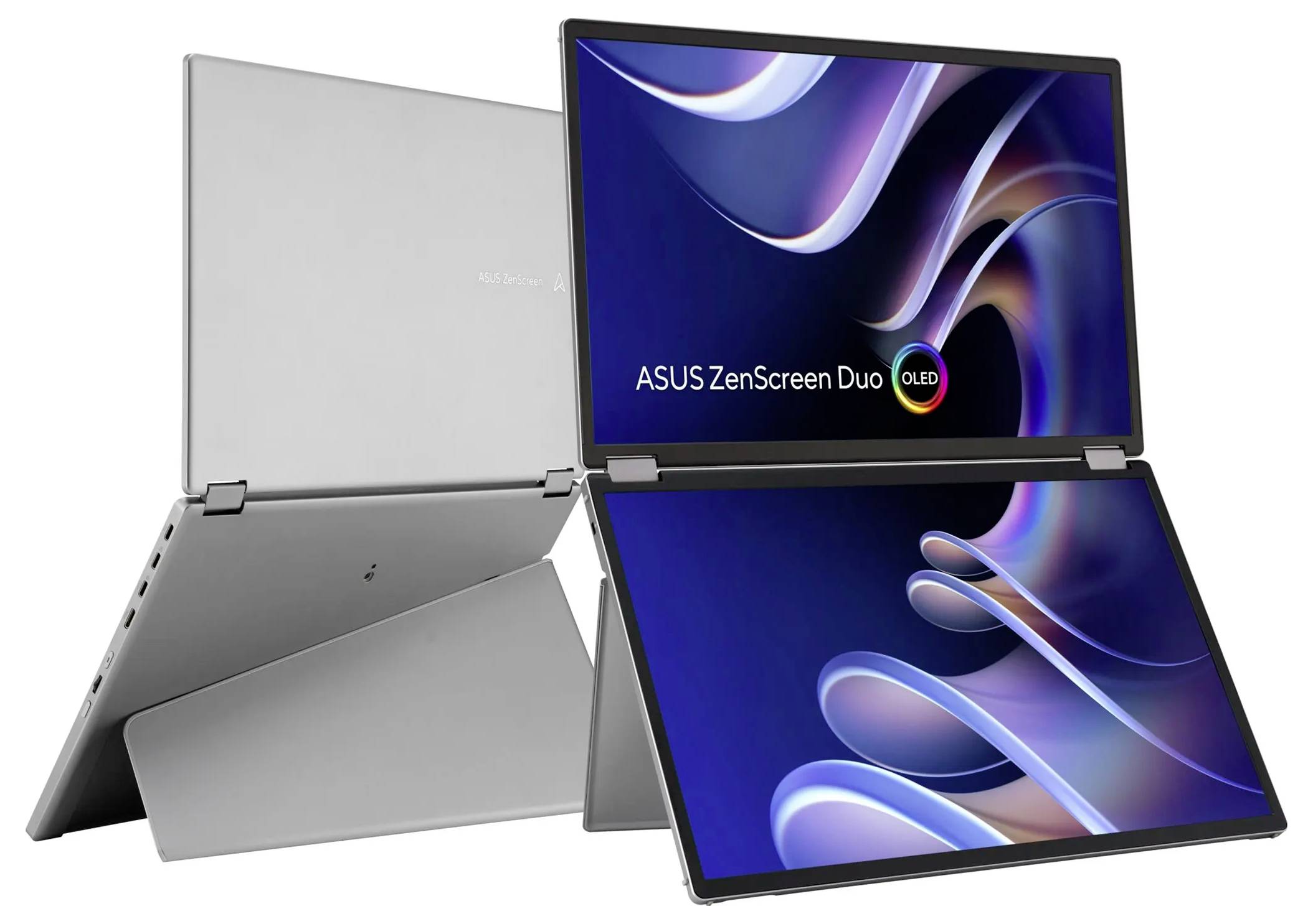 Přenosný počítač s dvěma obrazovkami zobrazený s oběma otevřenými obrazovkami. Horní obrazovka ukazuje nápis "ASUS ZenScreen Duo OLED" s abstraktní vlnovou grafikou.