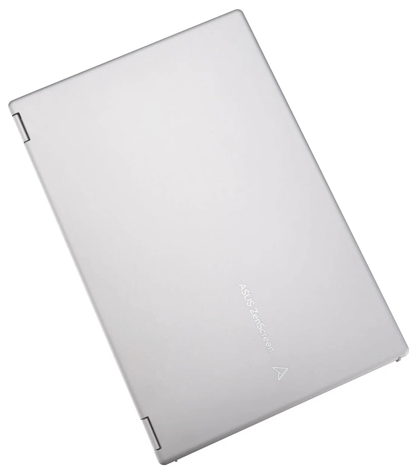 Stříbrný notebook, zavřený a pohledem shora, má vyražený název značky 'ASUS ZenBook' a malý trojúhelníkový design poblíž kloubu víka.