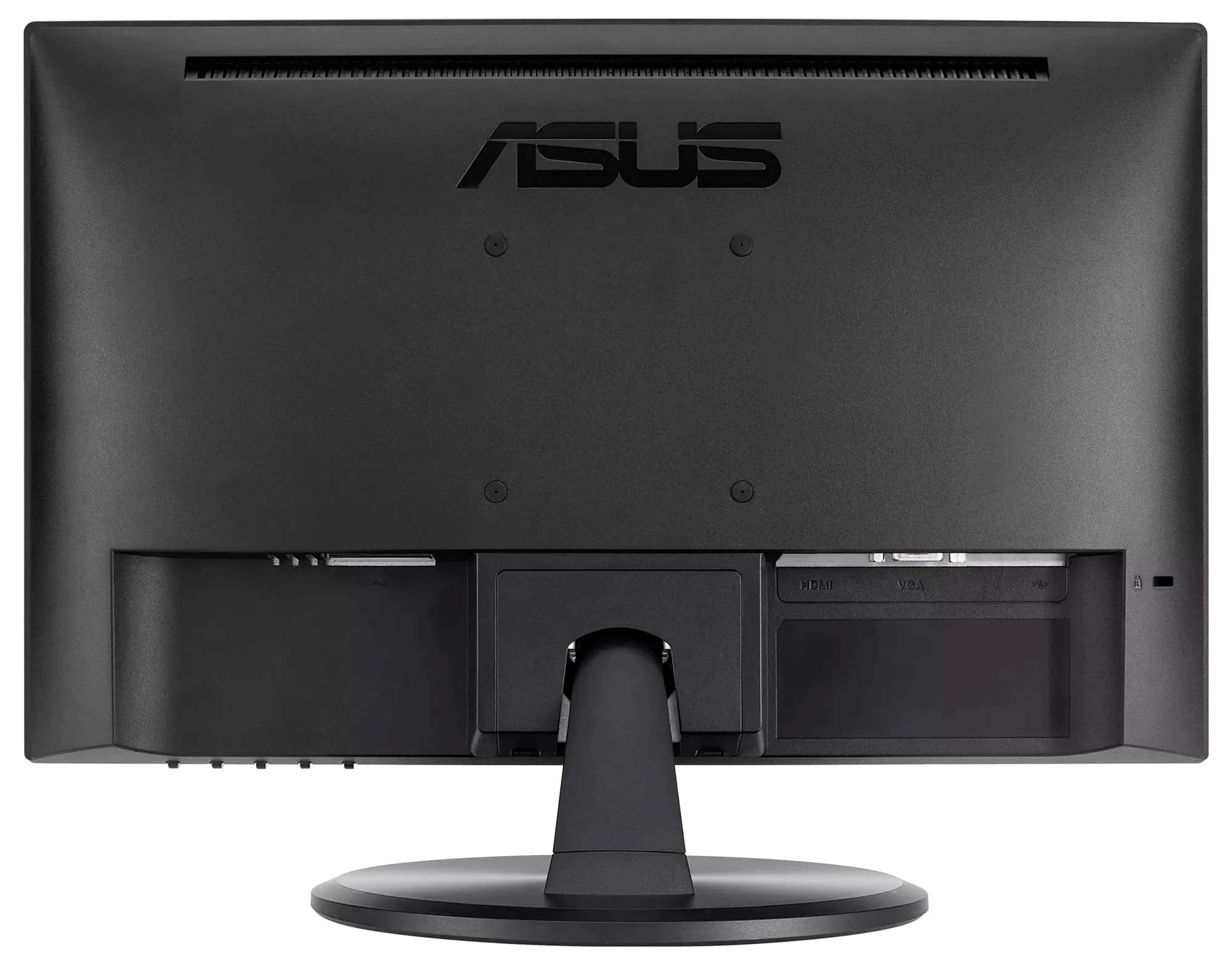 Obrázek zobrazuje zadní pohled na černý počítačový monitor značky ASUS, s logem umístěným uprostřed horní části, stojanem a viditelnými připojovacími porty.