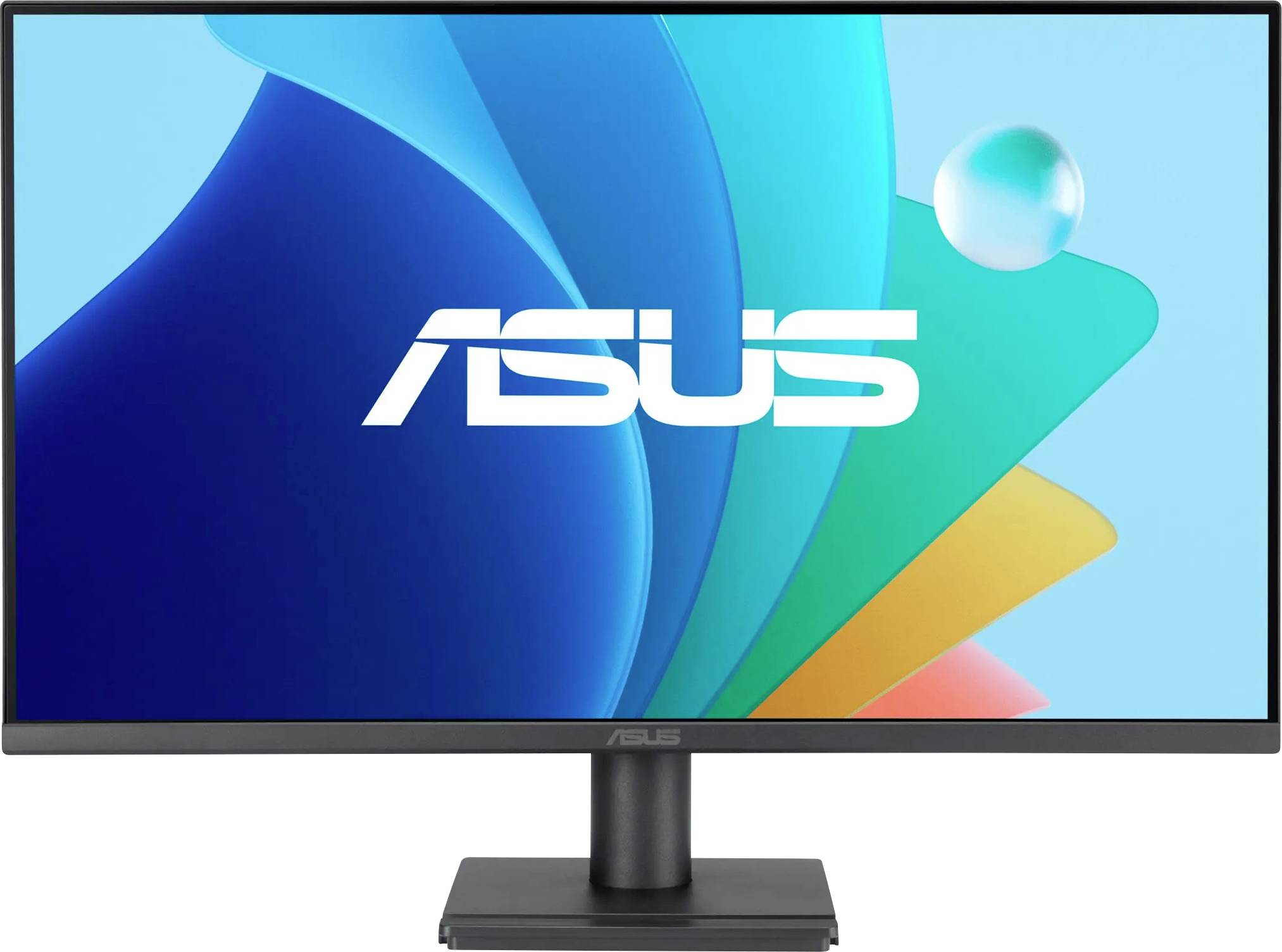 Černá obrazovka monitoru ASUS zobrazuje logo ASUS výrazně na barevném abstraktním pozadí.