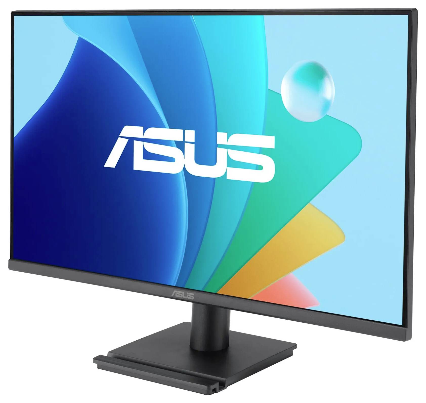 Elegantní počítačový monitor ASUS s barevným abstraktním pozadím zobrazeným na obrazovce, který vyniká ostrými liniemi a sytými barvami.