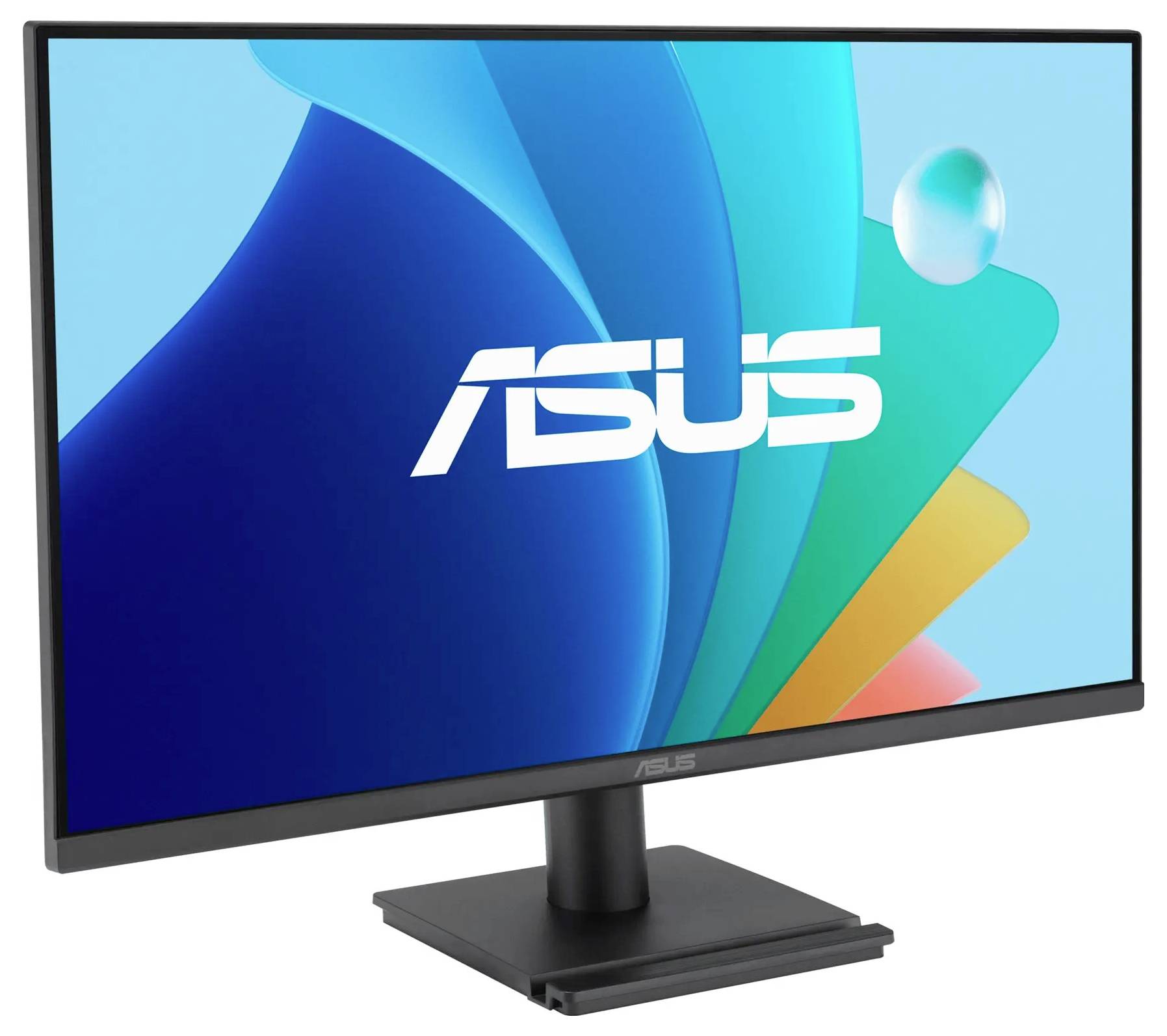 Černý monitor Asus s tenkou lištou zobrazuje abstraktní barevné tvary a logo Asus na obrazovce.