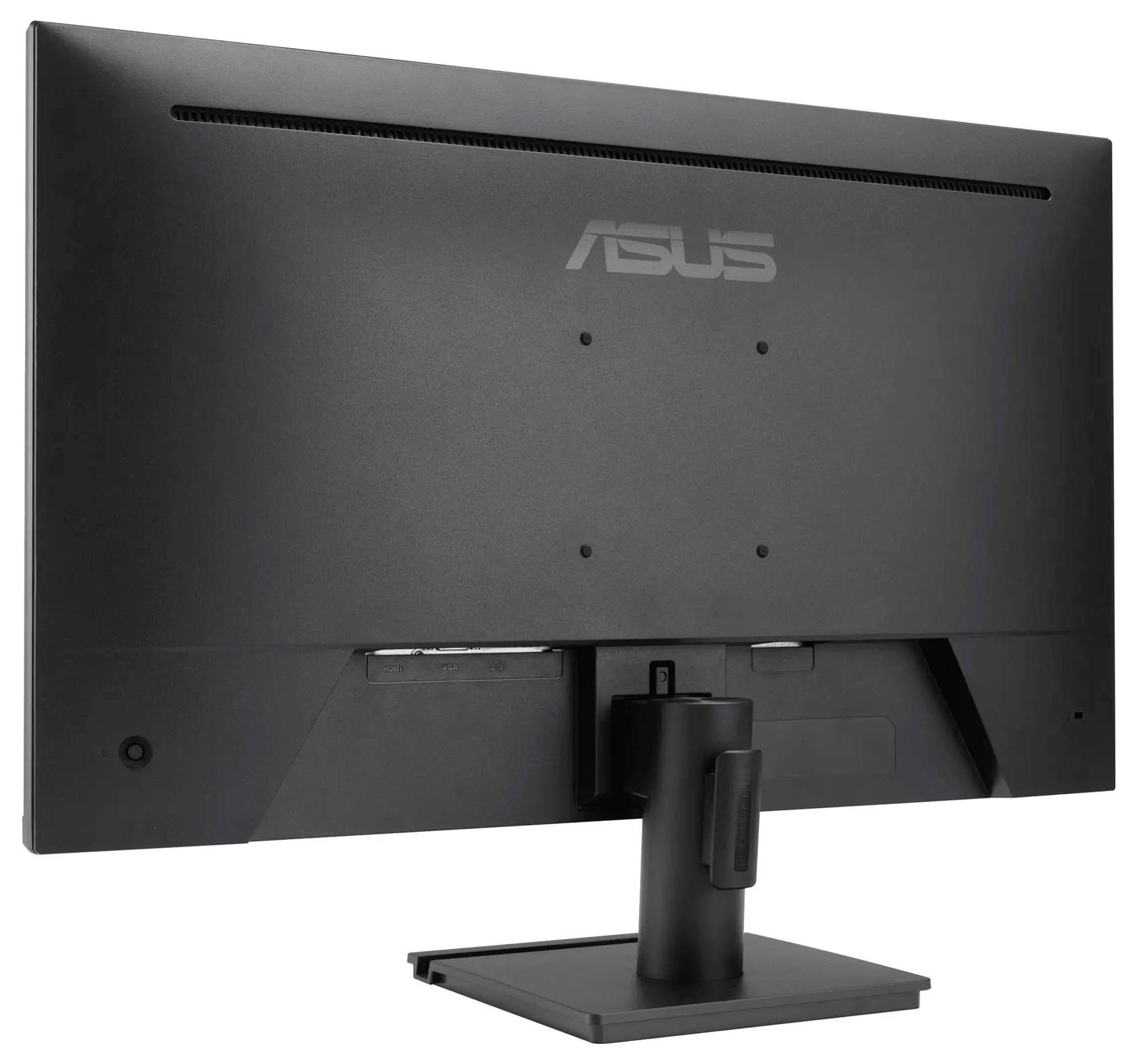 Pohled zezadu na černý počítačový monitor ASUS umístěný na stojanu, který ukazuje jeho logo a nastavitelnou podpěrnou funkci.