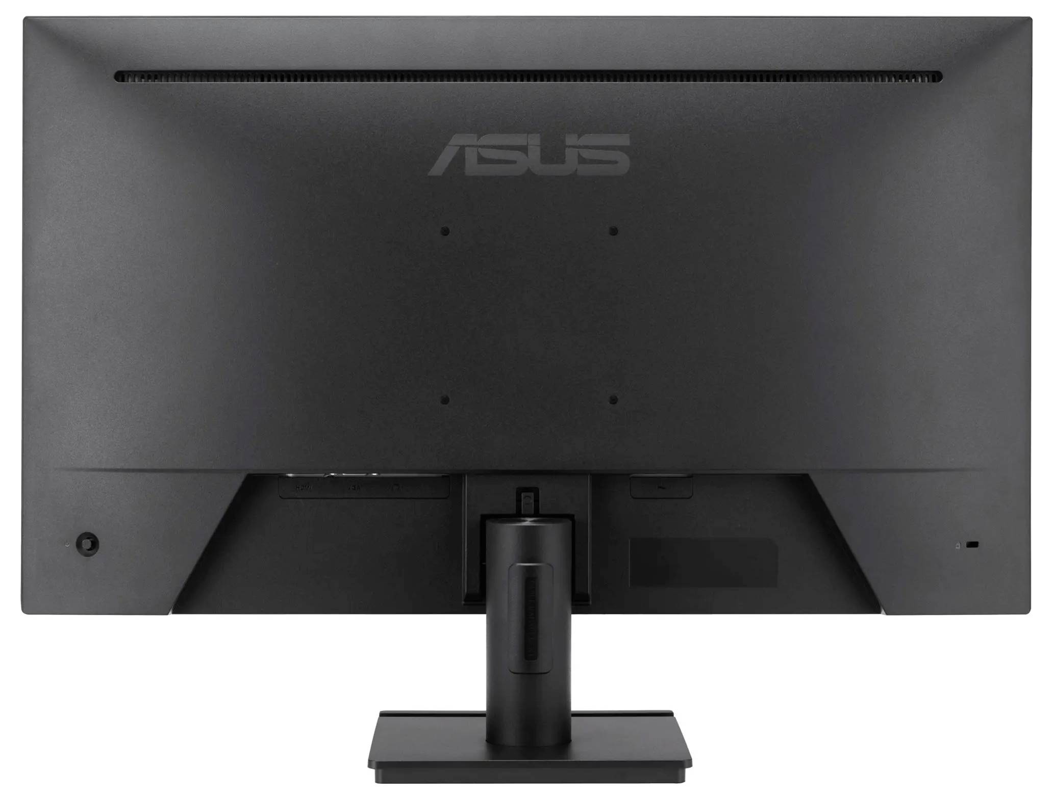 Černý počítačový monitor ASUS, pohled zezadu, zobrazující stojan a zadní panel.