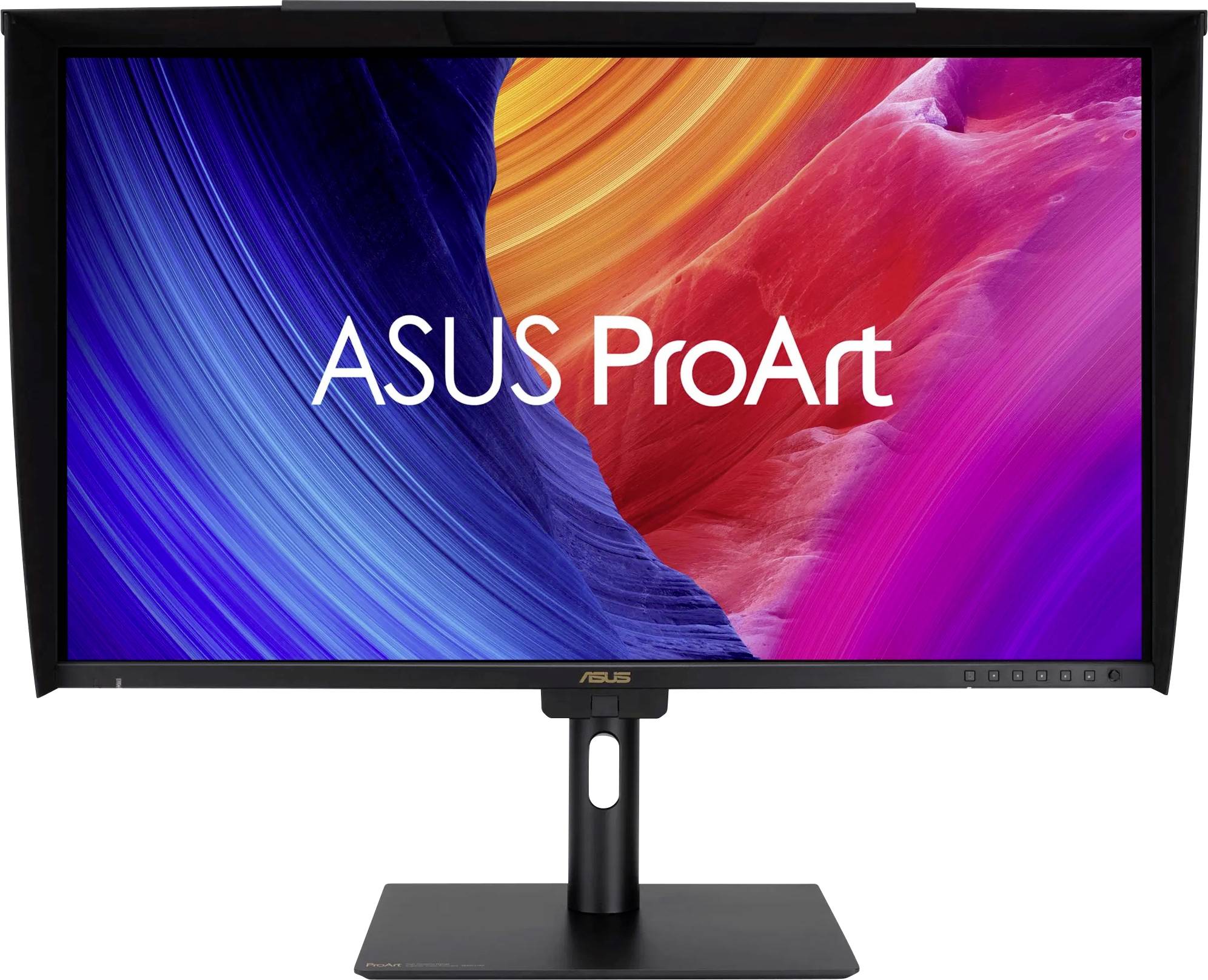 Monitor ASUS ProArt s živým vícebarevným displejem, který zobrazuje modré, oranžové a růžové odstíny.