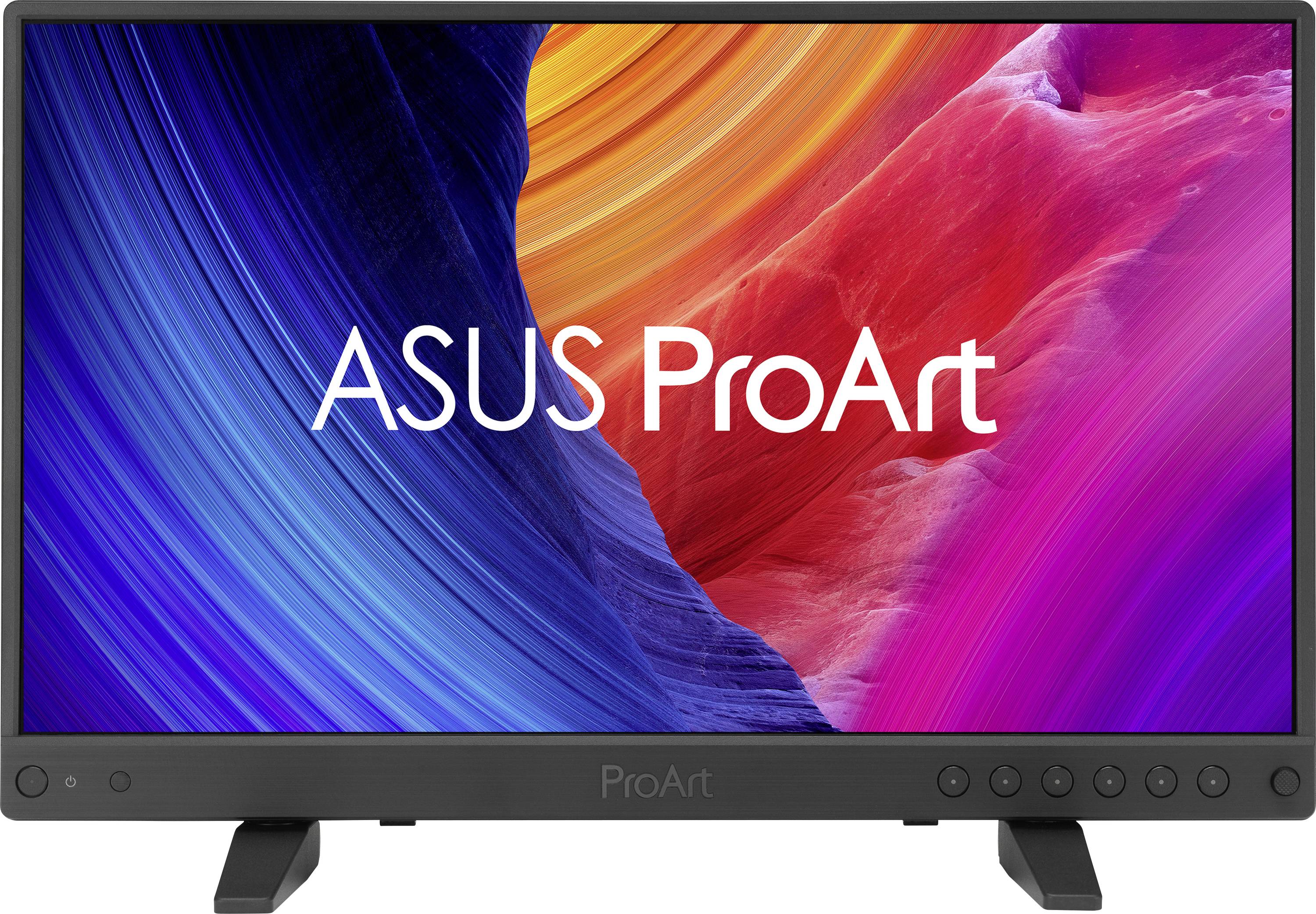 Monitor zobrazující živé abstraktní umění s modrými, oranžovými a růžovými spirálami. Text 'ASUS ProArt' je vycentrován uprostřed obrazovky.