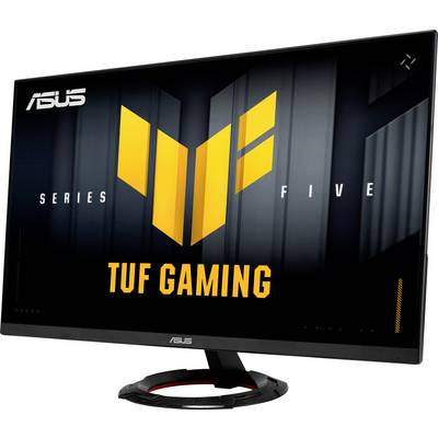 Monitor zobrazující obrazovku s textem 'Series Five TUF Gaming' a velkým žlutým emblémem uprostřed.