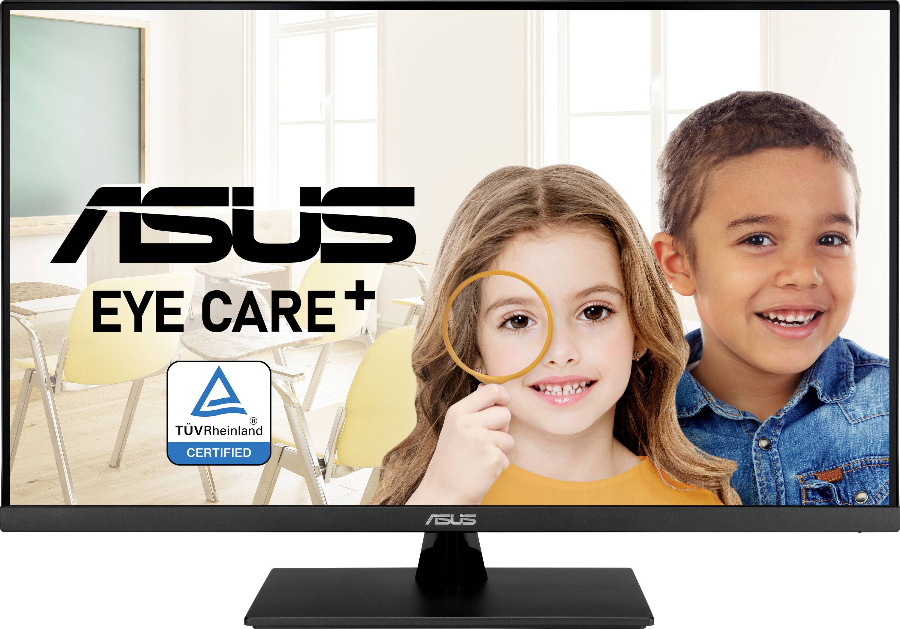 Monitor počítače zobrazující obrázek dvou usmívajících se dětí ve třídě. Text uvádí 'ASUS Eye Care+' a 'TÜV Rheinland Certified'.