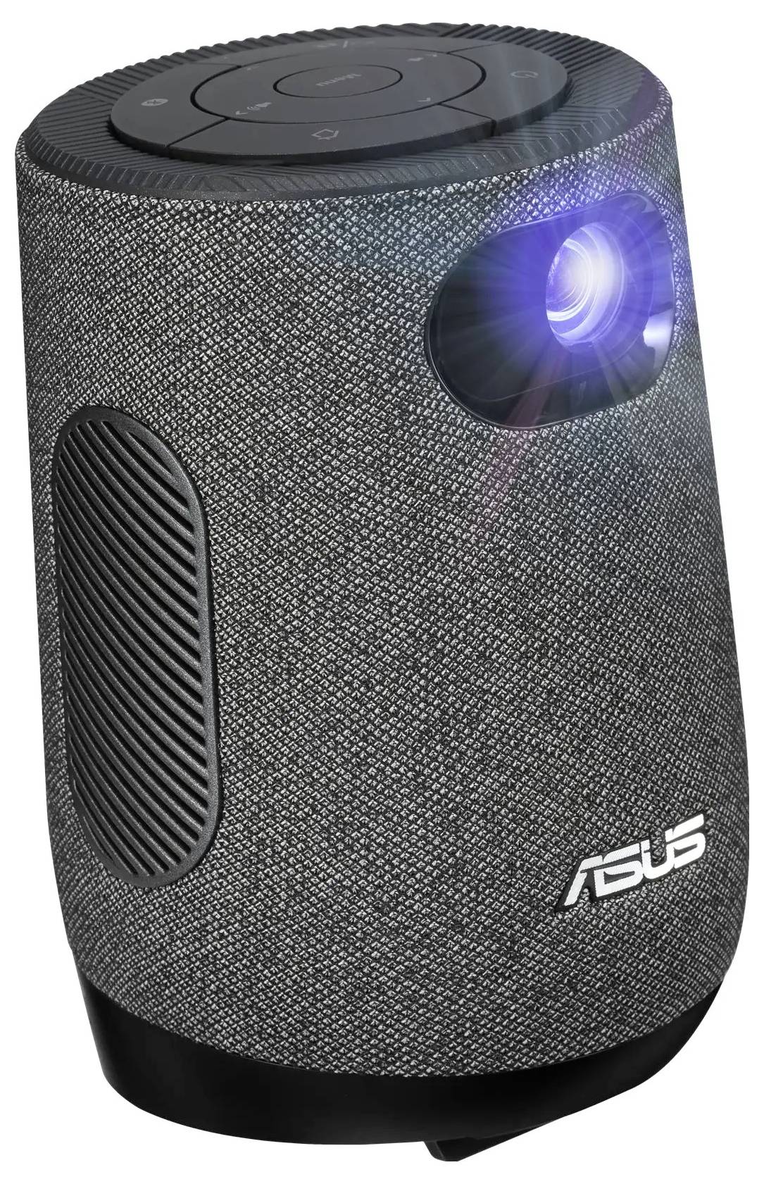 Přenosný LED projektor 'ASUS' s textilním povrchem, promítající modré světlo.