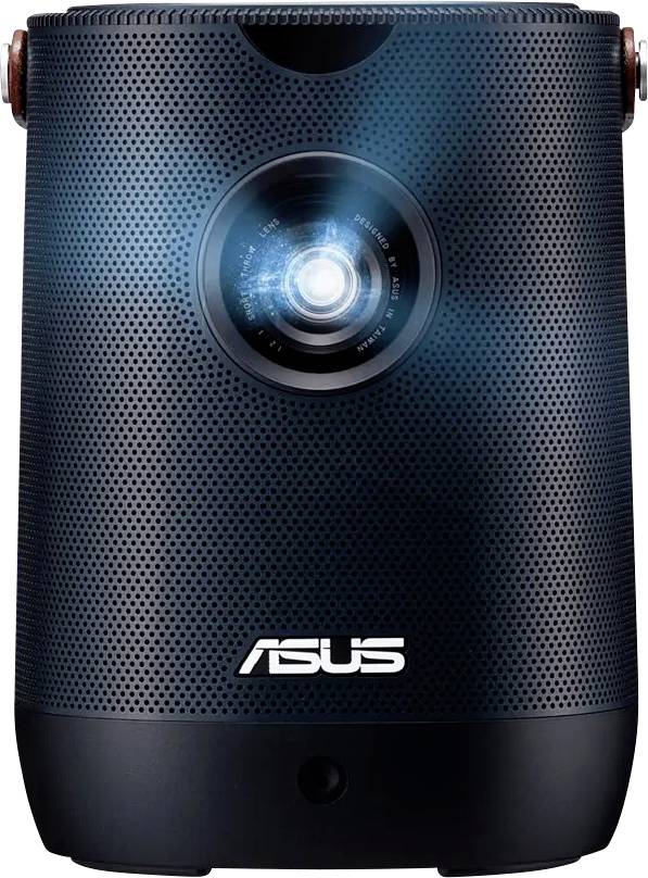 Kompaktní černý přenosný projektor ASUS s osvětlenou čočkou, určený pro domácí zábavu a prezentace.