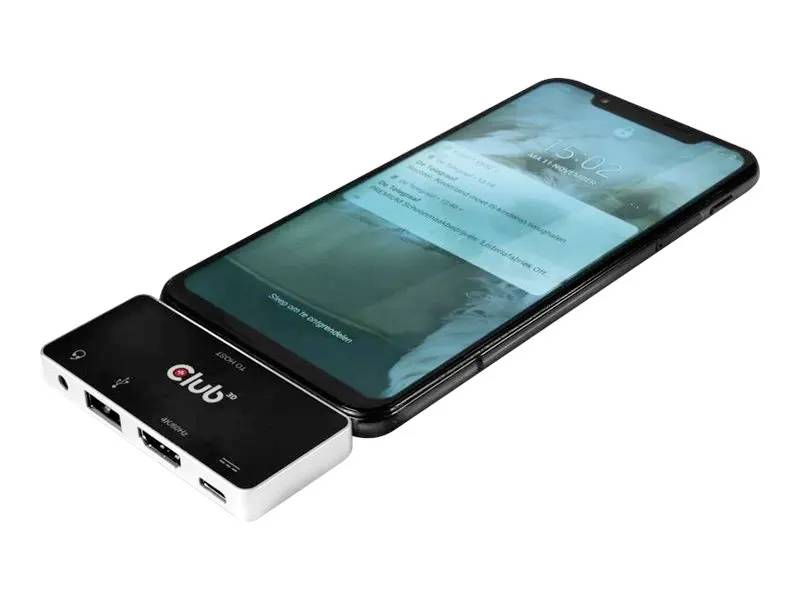Chytrý telefon vedle černobílé dokovací stanice Club, propojený kabelem. Na obrazovce telefonu je zobrazeno oznámení.