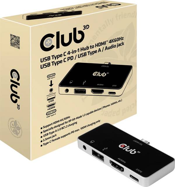 club3D CSV-1591 HDMI / USB-C® / USB 2.0 / jack adaptér [1x USB-C® zástrčka - 4x HDMI zásuvka, USB-C® zásuvka (nabíjení), USB 2.0 zásuvka A, 3.5 mm zásuvka] vícebarevná Dokovací stanice 0 mm