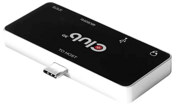 Černobílý USB-C zařízení Glub s konektory pro připojení a štítkem „To Host", který se používá pro připojení k počítačům.