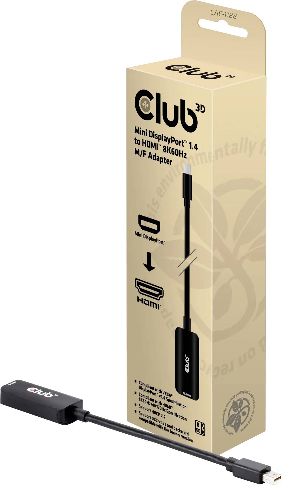Adaptér Club 3D Mini DisplayPort 1.4 na HDMI 8K60Hz M/F, obal zobrazující adaptér s konektory a kabelem.