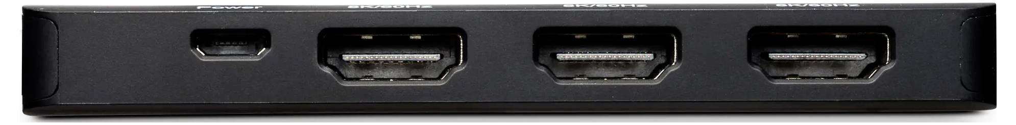 Obdélníkové zařízení se čtyřmi HDMI porty, třemi velkými a jedním malým, umístěnými horizontálně.