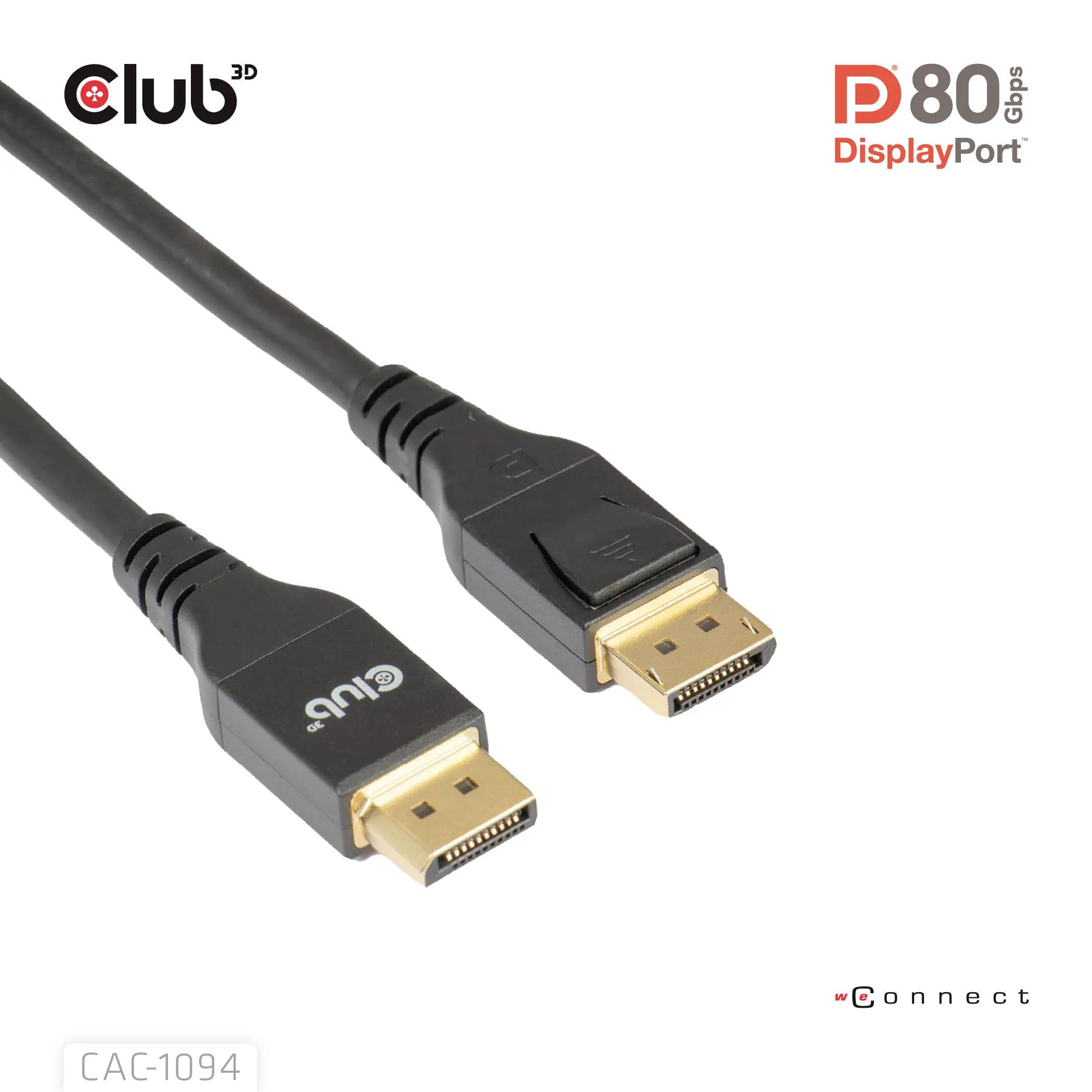 Dva černé DisplayPort kabely s označenými konektory; obrázek zvýrazňuje výkon 80 Gb/s společnosti Club3D.