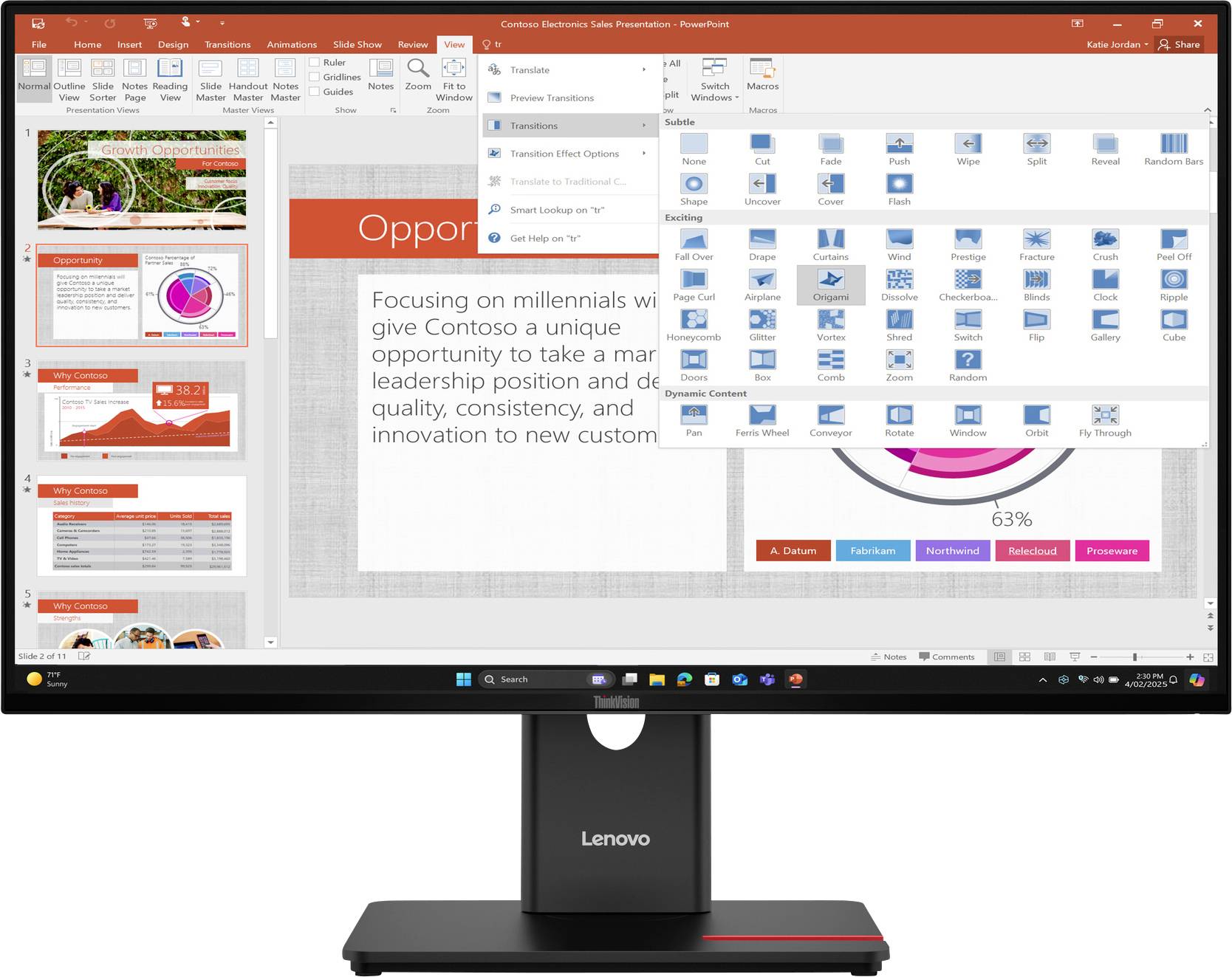 Počítačový monitor zobrazuje prezentaci v PowerPointu v editačním módu, včetně různých snímků a možností pro přidávání grafů a grafických prvků.