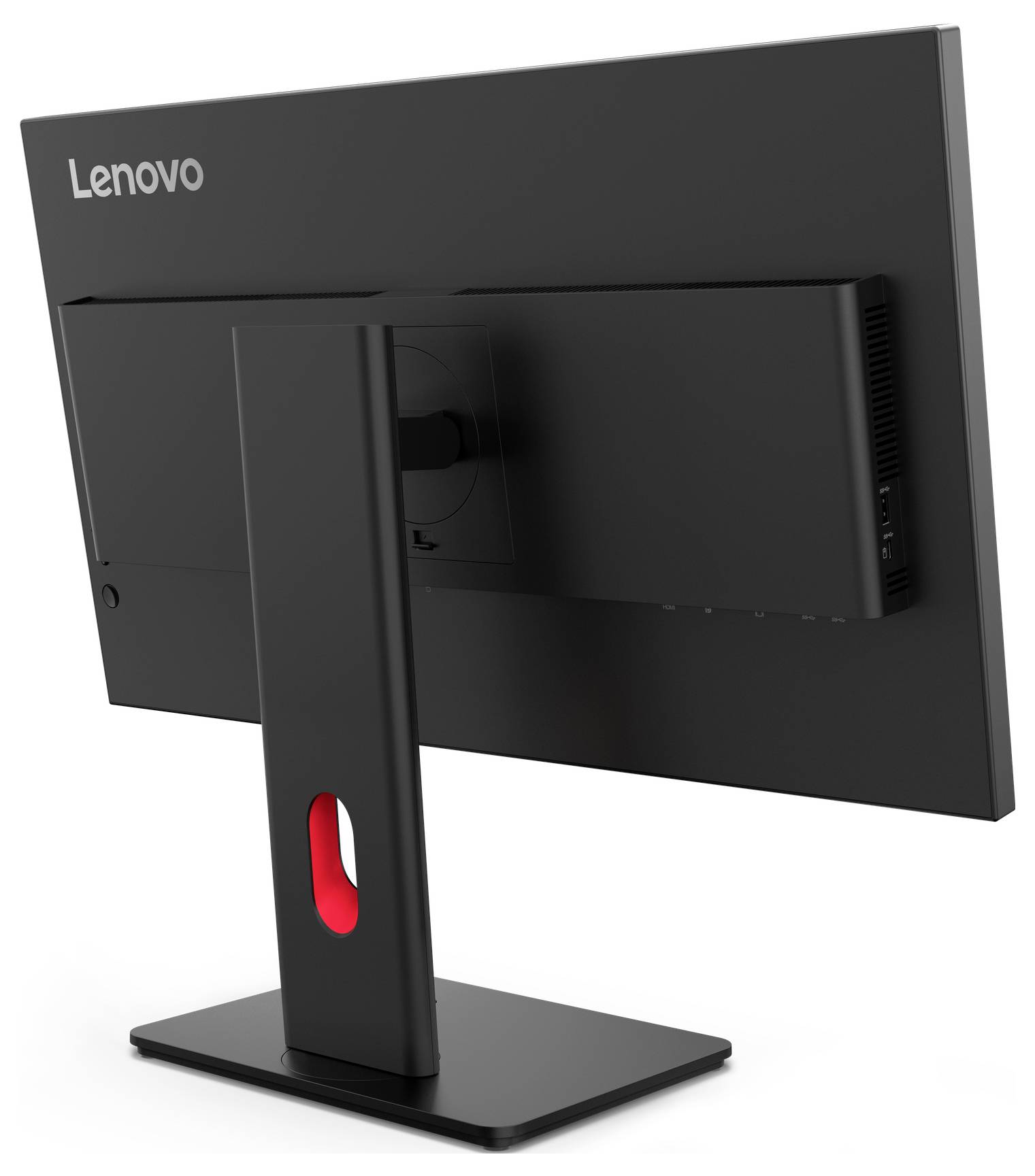 Zadní pohled na počítačový monitor Lenovo s stojanem s červeným akcentem.
