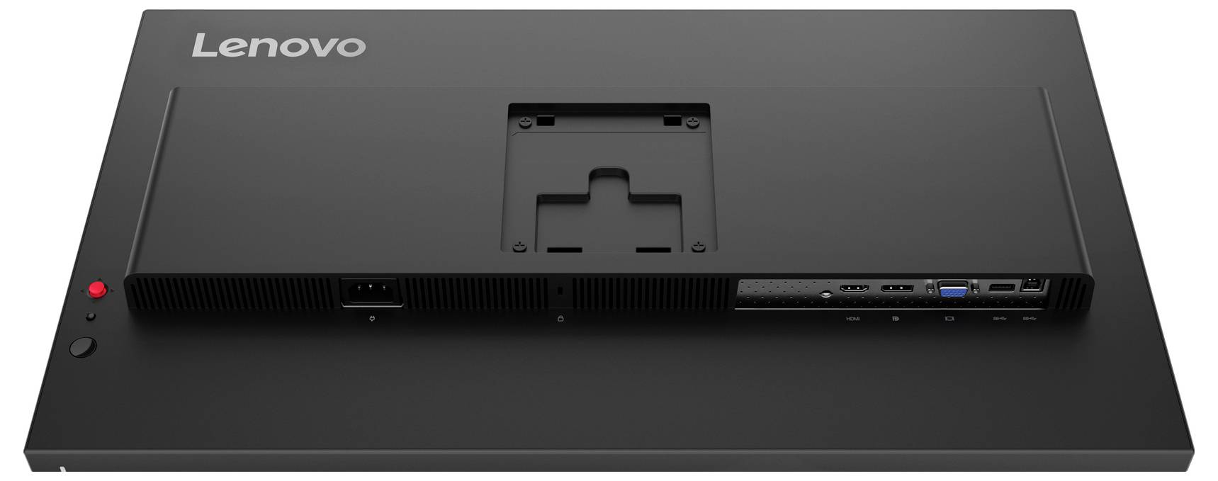 Zadní pohled na monitor Lenovo zobrazující oblast montážního držáku a různé porty včetně HDMI, DisplayPort, USB a napájecího vstupu.