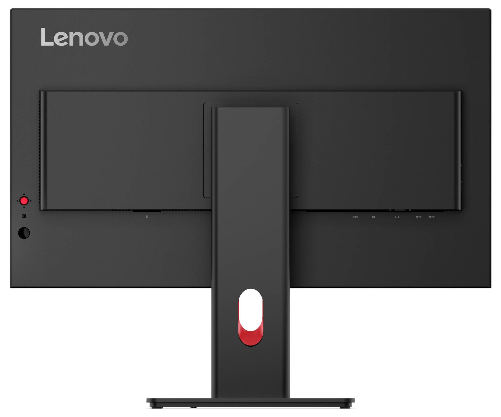 Černý počítačový monitor Lenovo pohledem zezadu, ukazující jeho stojan a jemné logo Lenovo v levém horním rohu.