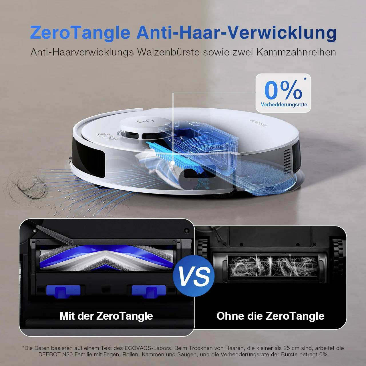 'ZeroTangle - Protipřekližový' robotický vysavač prezentující technologii zabraňující zamotávání vlasů s diagramy porovnávajícími verzi s touto funkcí a bez ní.