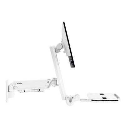 Nastavitelné rameno monitoru s připojenou obrazovkou a klávesnicí, navržené pro ergonomické umístění.