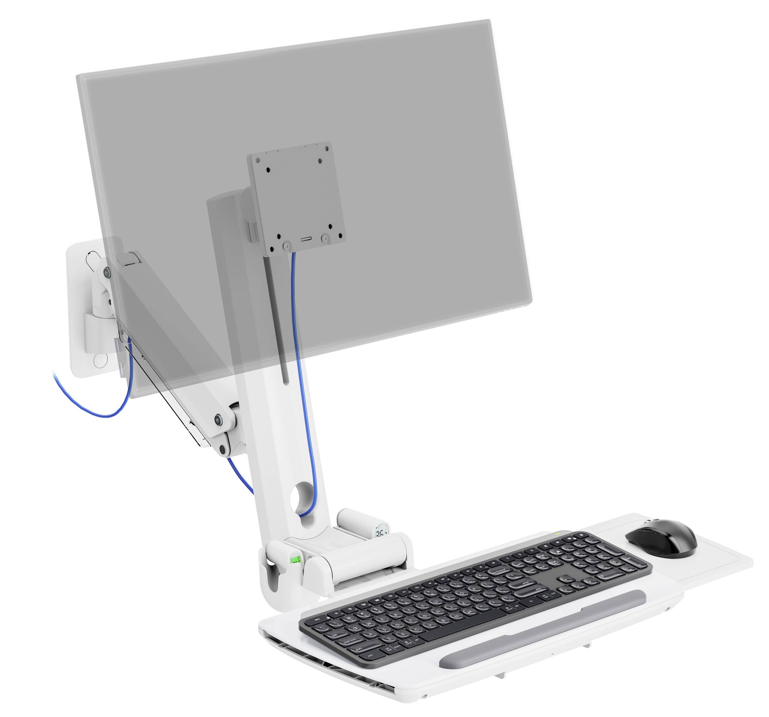 Nastavitelné rameno monitoru na nástěnném držáku s připojenou klávesnicí a podložkou pod myš, které představuje ergonomické řešení počítačového pracoviště.