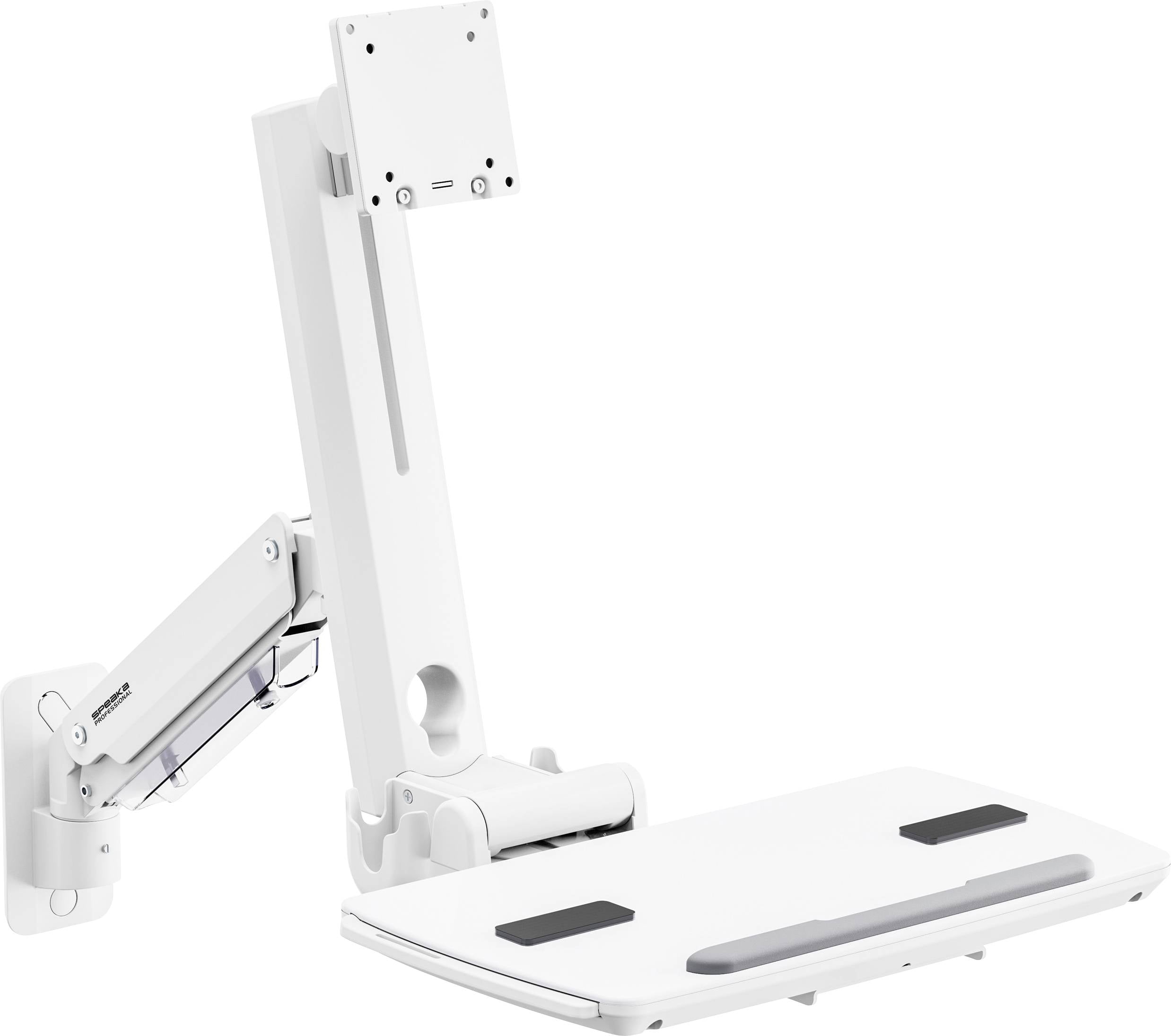 Bílý nastavitelný držák na monitor a klávesnici, určený pro kancelářské stoly, umožňuje flexibilní polohování pro ergonomické používání.