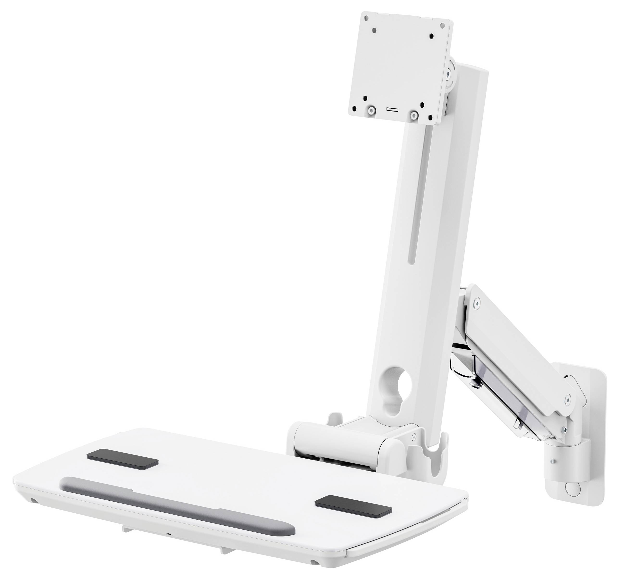 Nastavitelné bílé nástěnné rameno pracovní stanice určené pro uchycení monitoru a klávesnice, nabízející ergonomickou flexibilitu pro stojací stoly.