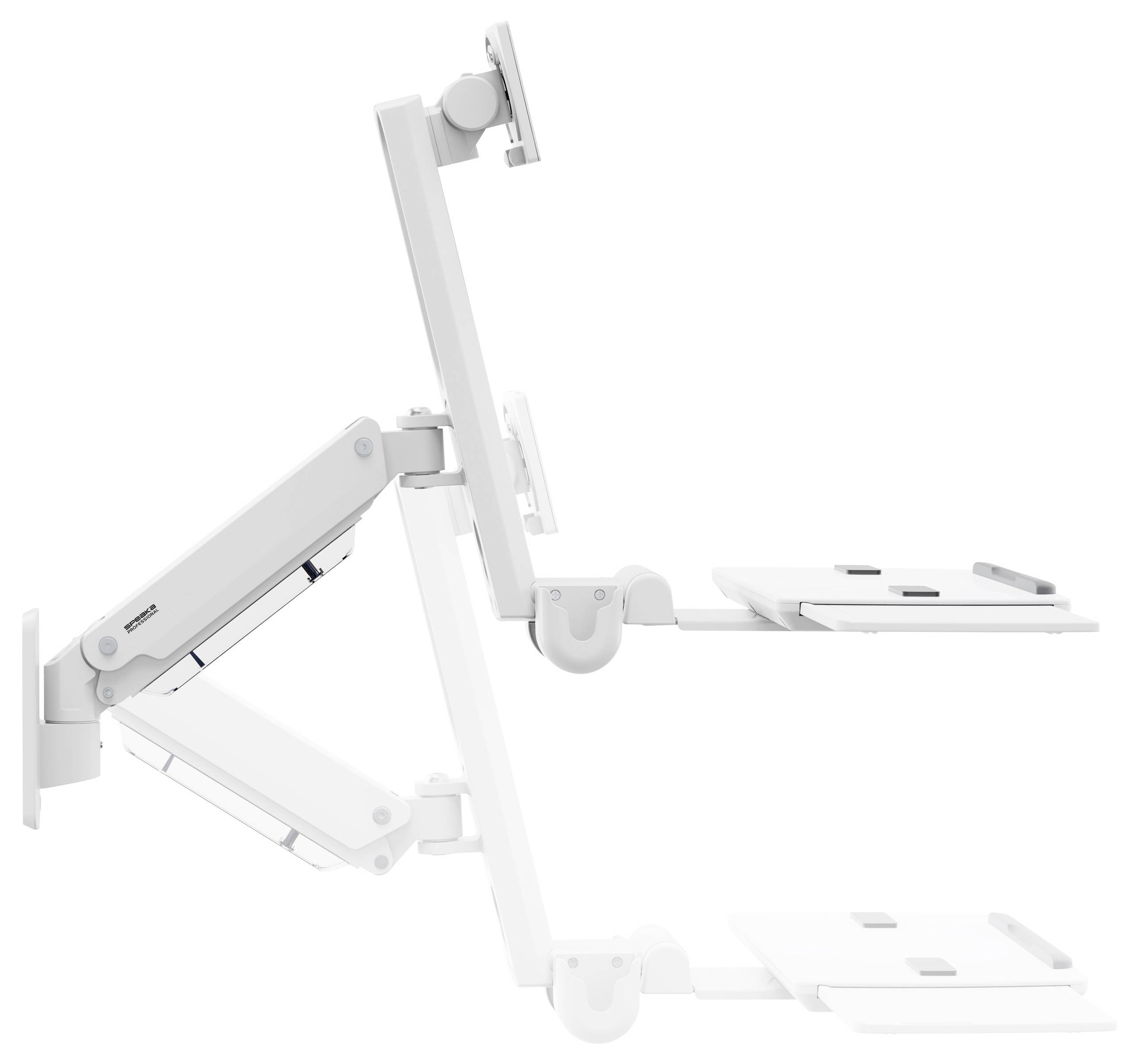 Bílý nastavitelný stojan na dva monitory s dvouvrstvým designem, který zahrnuje úchyty pro monitory a klávesnici, navržený pro ergonomické uspořádání pracovního prostoru.