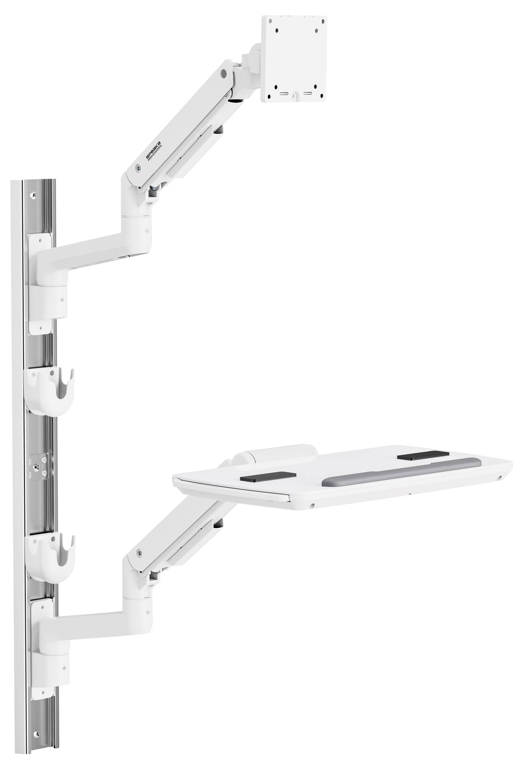 Nastavitelný nástěnný systém ramen s klávesnicovou deskou a držákem monitoru, navržený pro ergonomickou flexibilitu pracoviště a úsporu prostoru.