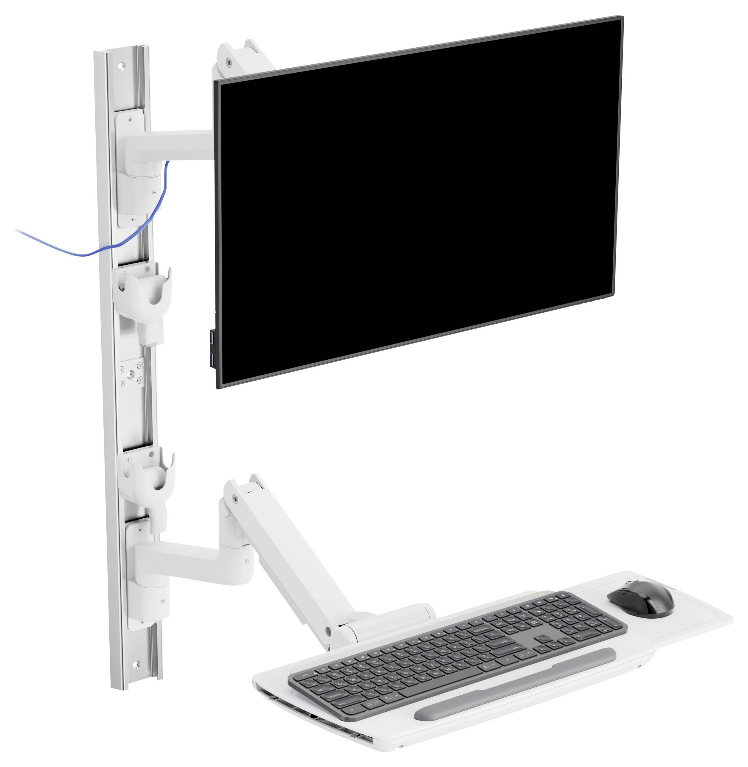 Nástěnná pracovní stanice s nastavitelným ramenem monitoru a klávesnicovou deskou, vhodná pro ergonomické používání počítače.