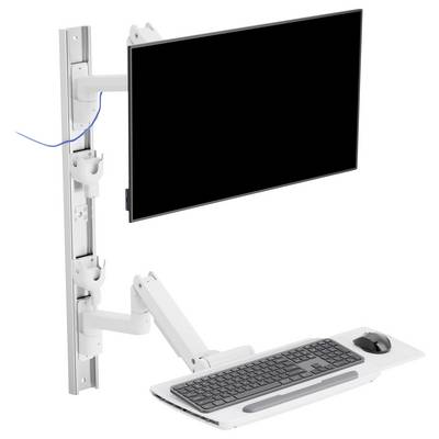Nástěnná pracovní stanice s nastavitelným ramenem monitoru a klávesnicovou deskou, vhodná pro ergonomické používání počítače.
