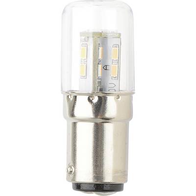 Malá, válcovitá LED žárovka s kovovým podstavcem a průhledným pouzdrem zobrazujícím několik malých žlutých LED diod uvnitř.