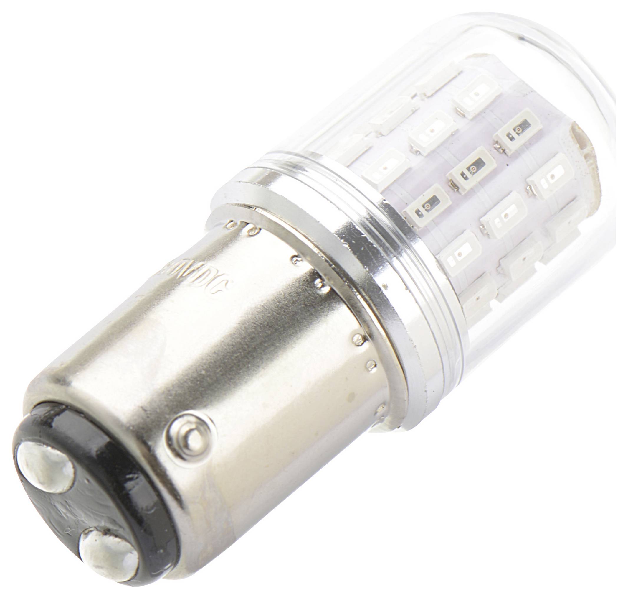 LED žárovka s kovovým podstavcem a válcovitým, průhledným pouzdrem zobrazujícím několik malých LED diod uvnitř.