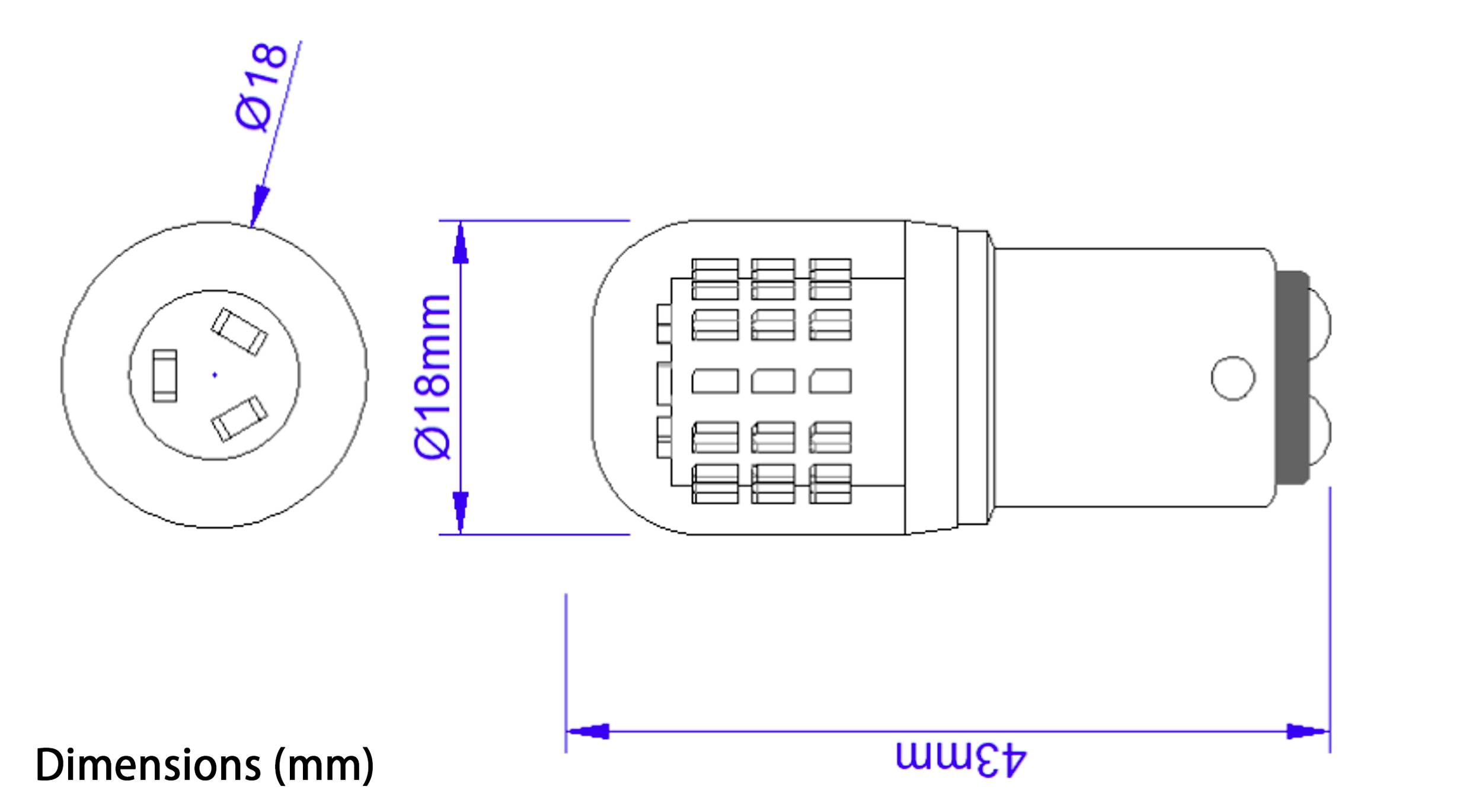 Diagram žárovky s rozměry: šířka 18 mm a délka 43 mm. Pohled shora zobrazuje kruhový konec, boční pohled ukazuje obdélníkové tělo.